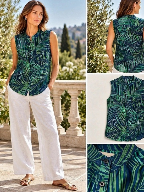 Banana Republic Tops - Banana Republic 100% Silk Blouse Size 8 Green Navy Palm Tropical Chic Sleeveless